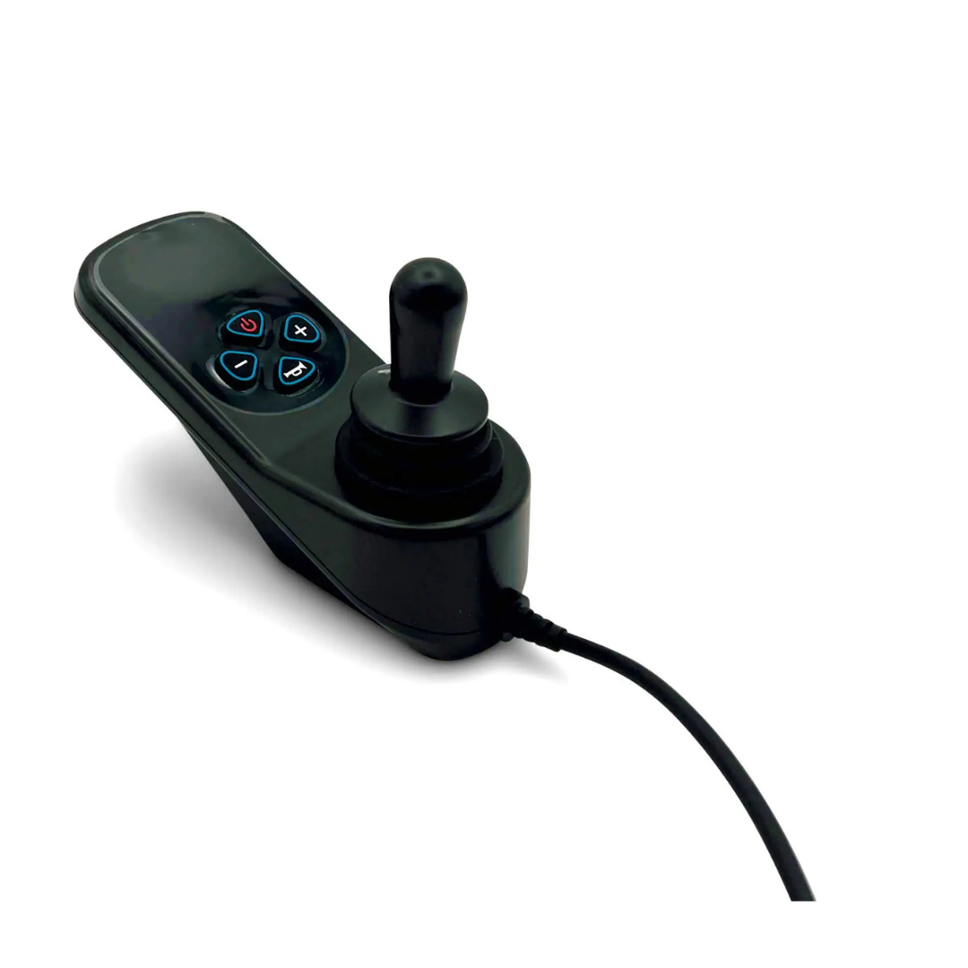 A black electronic joystick controller with four blue and red-labeled buttons and cable, designed for ComfyGo IQ-9000 Electric Wheelchair Replacement Parts, ideal for repairs. Isolated on a white background.